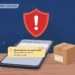 Illustration of a smartphone on a desk showing a suspicious missed-delivery text asking for a small fee, with a red warning shield and a cardboard parcel box