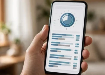 A hand holding a smartphone showing a mobile data usage screen with a circular usage dial and per-app data bars