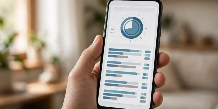 A hand holding a smartphone showing a mobile data usage screen with a circular usage dial and per-app data bars