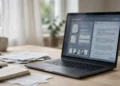 A laptop on a desk showing a document-based AI research interface with source documents on one side and an answer with citation markers on the other.