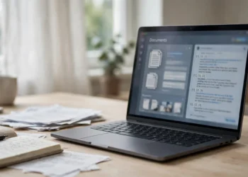 A laptop on a desk showing a document-based AI research interface with source documents on one side and an answer with citation markers on the other.