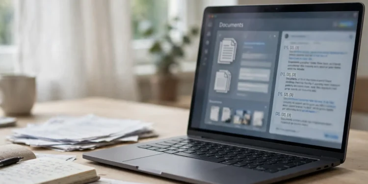 A laptop on a desk showing a document-based AI research interface with source documents on one side and an answer with citation markers on the other.