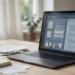 A laptop on a desk showing a document-based AI research interface with source documents on one side and an answer with citation markers on the other.