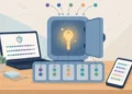 Illustration of a laptop and smartphone beside a secure vault with a glowing key, showing separate unique passwords being organised for different accounts