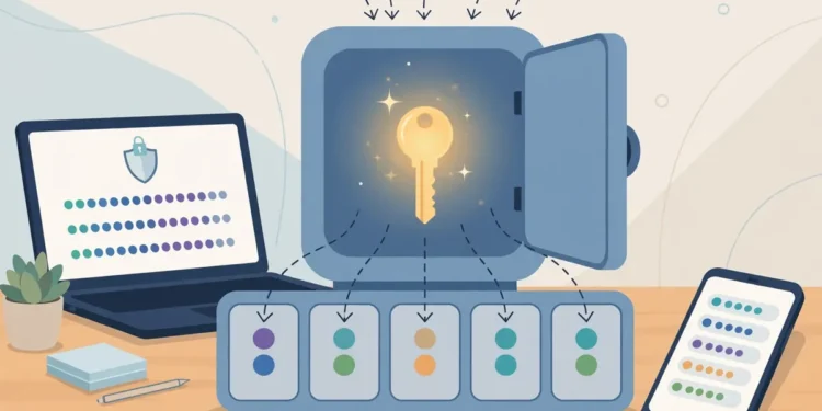Illustration of a laptop and smartphone beside a secure vault with a glowing key, showing separate unique passwords being organised for different accounts