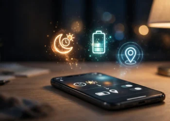 Smartphone on a desk at night showing an if-then automation rule, with glowing time, battery and location icons floating above it