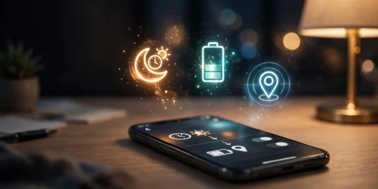 Smartphone on a desk at night showing an if-then automation rule, with glowing time, battery and location icons floating above it