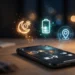 Smartphone on a desk at night showing an if-then automation rule, with glowing time, battery and location icons floating above it
