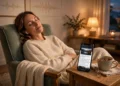 Woman with earbuds relaxing in an armchair while her phone reads an article aloud, tea on a side table, warm evening light