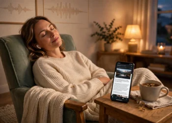 Woman with earbuds relaxing in an armchair while her phone reads an article aloud, tea on a side table, warm evening light