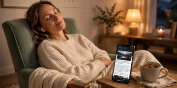 Woman with earbuds relaxing in an armchair while her phone reads an article aloud, tea on a side table, warm evening light
