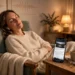 Woman with earbuds relaxing in an armchair while her phone reads an article aloud, tea on a side table, warm evening light