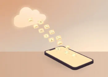 Illustration of a smartphone uploading photo thumbnails into a cloud icon, representing phone photo cloud backup