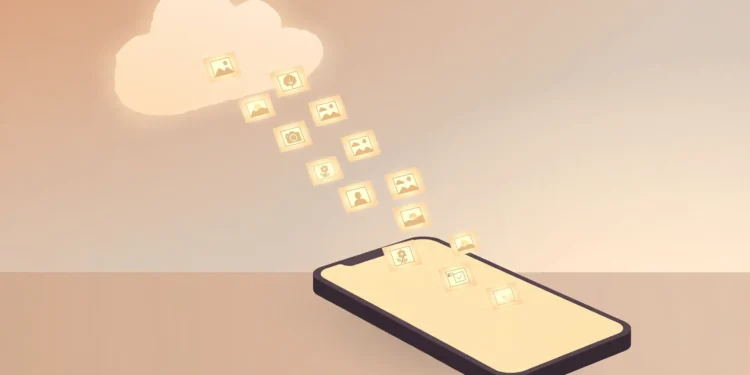 Illustration of a smartphone uploading photo thumbnails into a cloud icon, representing phone photo cloud backup