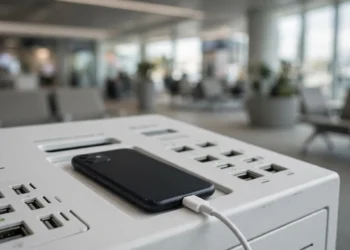 A phone plugged into a USB cable at a public charging kiosk in an airport terminal