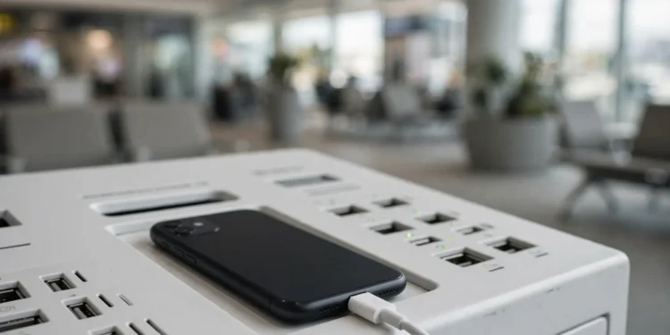 A phone plugged into a USB cable at a public charging kiosk in an airport terminal