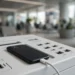 A phone plugged into a USB cable at a public charging kiosk in an airport terminal