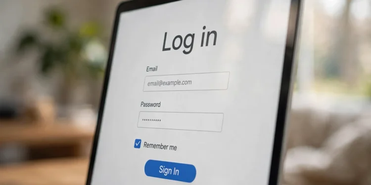 Close-up of a laptop screen showing a login form with a checked Remember me checkbox