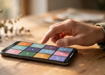 A hand tapping a smartphone showing a grid of video recommendations, illustrating how to retrain YouTube's suggestions