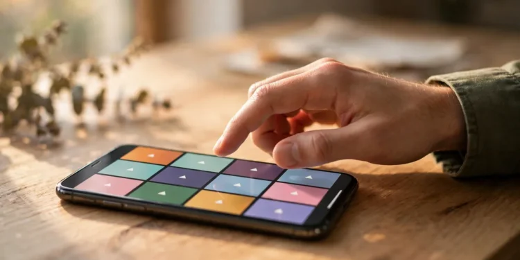 A hand tapping a smartphone showing a grid of video recommendations, illustrating how to retrain YouTube's suggestions