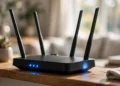 A home Wi-Fi router with four antennas and glowing blue status lights on a wooden shelf in a living room