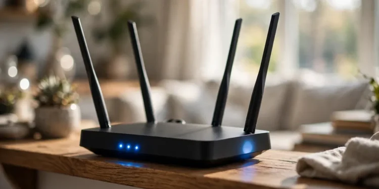 A home Wi-Fi router with four antennas and glowing blue status lights on a wooden shelf in a living room