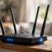 A home Wi-Fi router with four antennas and glowing blue status lights on a wooden shelf in a living room