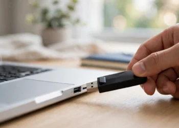 A hand gently removing a black USB flash drive from a laptop's USB port.