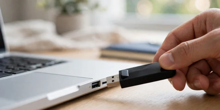 A hand gently removing a black USB flash drive from a laptop's USB port.