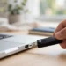 A hand gently removing a black USB flash drive from a laptop's USB port.