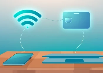 Illustration of a smartphone and laptop on a desk with a glowing Wi-Fi symbol and a key badge floating above them, connected by dotted lines.