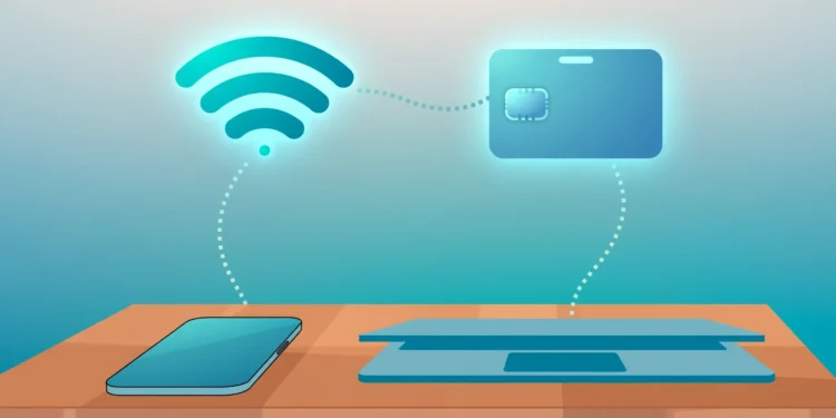 Illustration of a smartphone and laptop on a desk with a glowing Wi-Fi symbol and a key badge floating above them, connected by dotted lines.