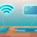 Illustration of a smartphone and laptop on a desk with a glowing Wi-Fi symbol and a key badge floating above them, connected by dotted lines.