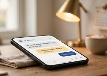 Smartphone on a desk showing an AI assistant chat window with a scheduled task reminder notification