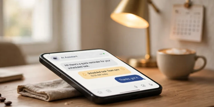 Smartphone on a desk showing an AI assistant chat window with a scheduled task reminder notification