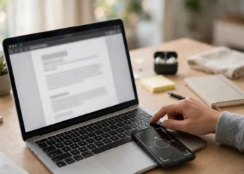Person pressing keyboard screenshot shortcuts on a laptop with a smartphone showing a screen-capture frame beside it