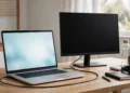 A laptop with a lit screen on a wooden desk, connected by a cable to a second external monitor that remains completely black
