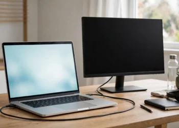 A laptop with a lit screen on a wooden desk, connected by a cable to a second external monitor that remains completely black