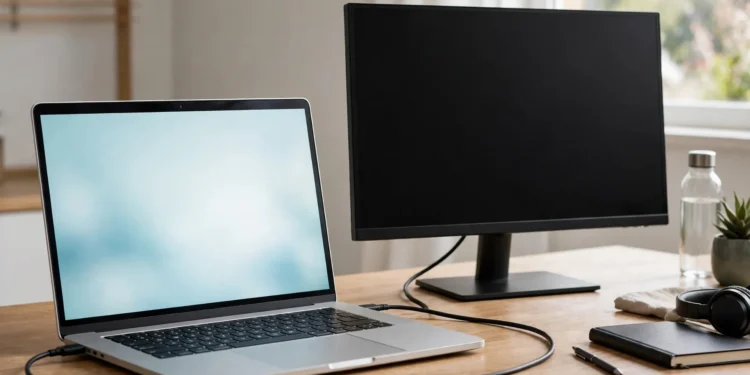 A laptop with a lit screen on a wooden desk, connected by a cable to a second external monitor that remains completely black