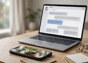 A smartphone showing a photo of a wilting houseplant next to a laptop with an AI chat open, on a home desk