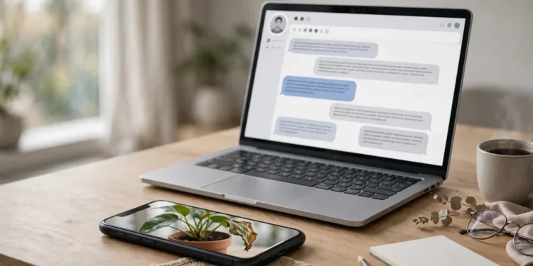 A smartphone showing a photo of a wilting houseplant next to a laptop with an AI chat open, on a home desk
