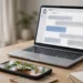 A smartphone showing a photo of a wilting houseplant next to a laptop with an AI chat open, on a home desk
