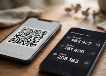 Two smartphones side by side on a desk, one displaying a QR code and the other showing an authenticator app with six-digit two-factor codes