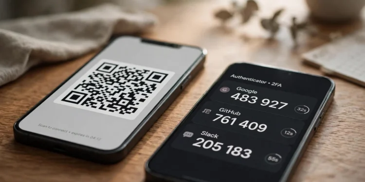 Two smartphones side by side on a desk, one displaying a QR code and the other showing an authenticator app with six-digit two-factor codes