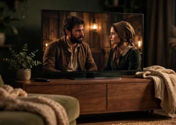 A modern flat-screen TV in a dim living room showing a cinematic period-drama scene.