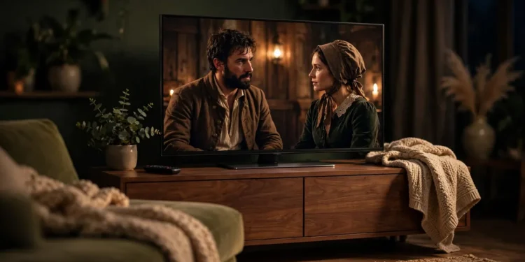 A modern flat-screen TV in a dim living room showing a cinematic period-drama scene.