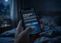 A hand holding a smartphone at night showing a sign-in approval notification with New login attempt and Deny/Approve buttons