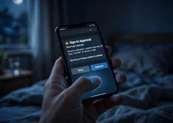 A hand holding a smartphone at night showing a sign-in approval notification with New login attempt and Deny/Approve buttons