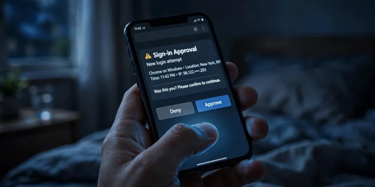 A hand holding a smartphone at night showing a sign-in approval notification with New login attempt and Deny/Approve buttons
