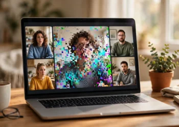 Laptop showing a video call with one participant's video frozen and pixelated, illustrating upload-speed problems during video calls